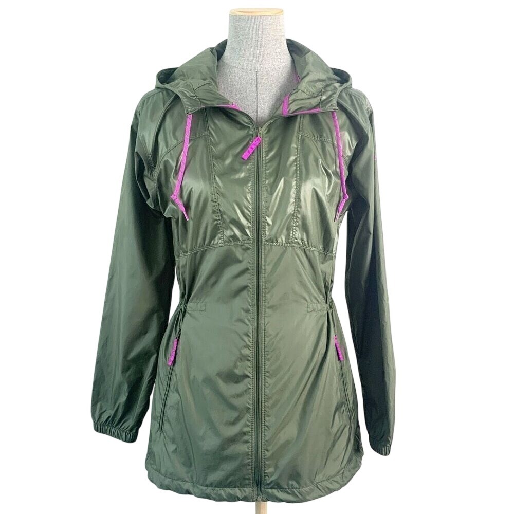 Columbia Jacket Women Small Lightweight Cinch Waist Green Fuschia Purple Hooded